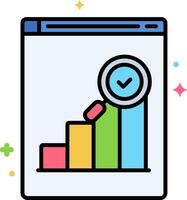 A colorful graphic of a bar chart with a magnifying glass vector