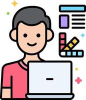 A man is working on a laptop with a chart and other icons vector