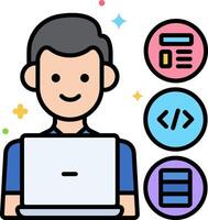 A man with a laptop and a bunch of icons around him vector