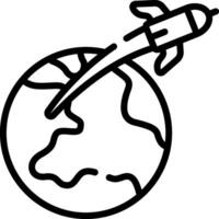 A black and white drawing of a rocket flying around the earth vector