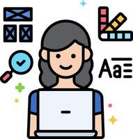 A woman is working on a laptop with icons around her vector