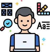 A man with a laptop and various icons around him vector