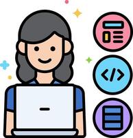 A woman with a laptop and a bunch of icons around her vector