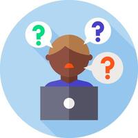 A person with question marks on their head and a laptop vector