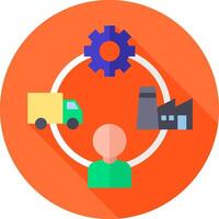A flat icon of a person with a truck and a factory vector