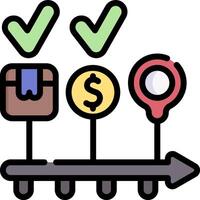 A key with a dollar sign, a check mark and a coin vector