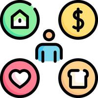 A person with a house, dollar sign, heart and bread icon vector