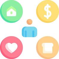 A flat icon set of four icons with a person, house, dollar sign and heart vector