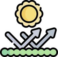 A sun and a green field with arrows pointing up vector