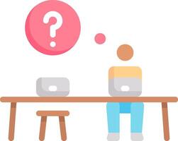 A person sitting at a table with a laptop and a question mark above it vector