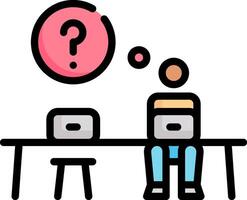 A person sitting at a table with a laptop and a question mark above it vector