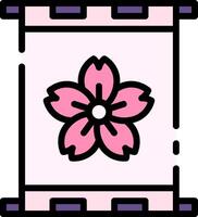 A pink flower in a scroll with a purple border vector
