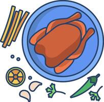 A chicken is on a plate with vegetables and other ingredients vector