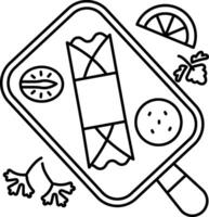 A coloring page with a tray of food vector