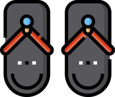 Two black flip flops with red handles on them vector