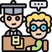 A cartoon of two people sitting at a table with a speech bubble vector