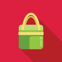 Green lunch box container with yellow handle on red background with long shadow icon vector