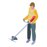 Gardener using brush cutter with rotating head isometric illustration vector