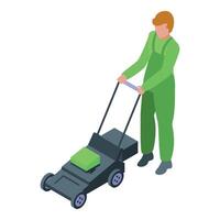 Gardener mowing lawn with modern lawnmower in isometric view vector