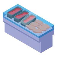 Refrigerated meat display case showing chicken and beef vector