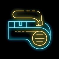 Glowing neon line icon of an electric jigsaw with steel guide being plugged in, isolated on black background vector