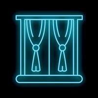 Blue neon icon of a window with curtains glowing on a black background vector