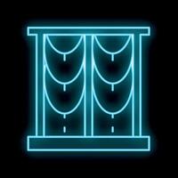 Blue neon icon of a window with curtains glowing on a black background vector
