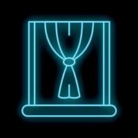 Blue neon icon of a window with curtains is glowing on a black background vector