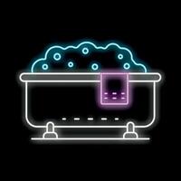 Neon icon of bathtub full of water with soap foam and towel vector