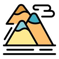 Simple colorful vector illustration depicting mountain peaks with snow caps and a wind gust
