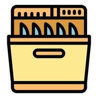Open dishwasher with clean plates inside showing utensil basket and control panel vector