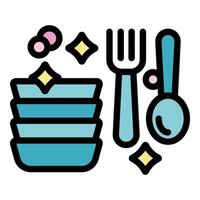 Sparkling clean dishes stacked with fork and spoon suggesting a delicious meal vector