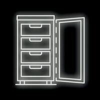 White neon refrigerator icon with open door shining on black background vector