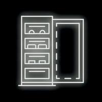 Neon fridge open door with empty shelves on black background vector