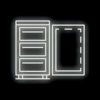 Neon furniture set with cupboard and empty frame shining on black background vector