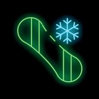 Green neon sign of snowboarding with snowflake on black background vector