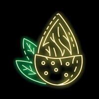Glowing neon sign depicting almond nut with leaves on black background vector