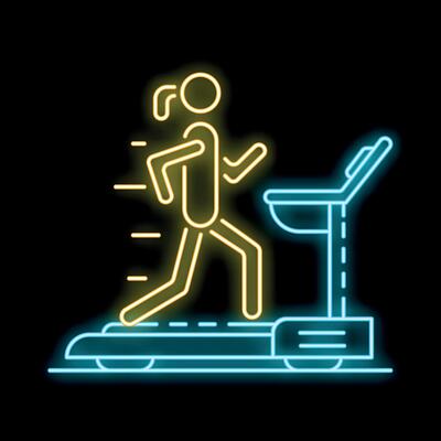 Woman running on a treadmill in neon light style