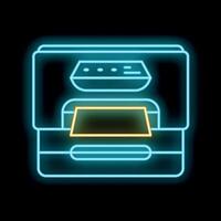 Neon printer icon printing a document on black background vector
