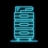 Neon icon of multifunction printer on wheels with paper trays full of sheets vector