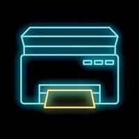 Glowing neon sign of a printer with paper in the tray on a black background vector