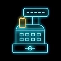 Blue and yellow neon sign of a cash register with a paper receipt on a black background vector