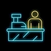 Glowing neon line icon of a cashier standing behind their checkout counter in a supermarket vector