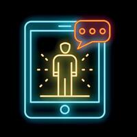 Neon sign representing online meeting with businessman speaking with speech bubble on smartphone screen vector