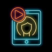 Neon icon of mobile phone showing woman with shield and play button vector