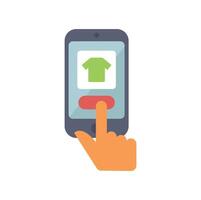 Finger pressing buy button on smartphone screen with clothing item displayed vector