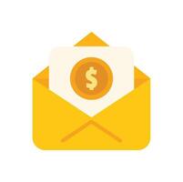 Open yellow envelope containing dollar coin and blank white paper vector