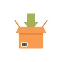 Green arrow pointing down entering open cardboard box package with barcode vector