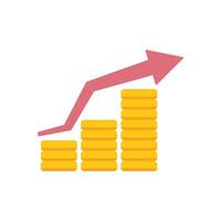 Red arrow growing over increasing stacks of coins chart vector