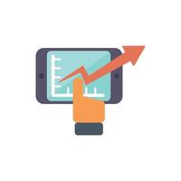 Businessman analyzing growing chart on tablet with upward arrow vector
